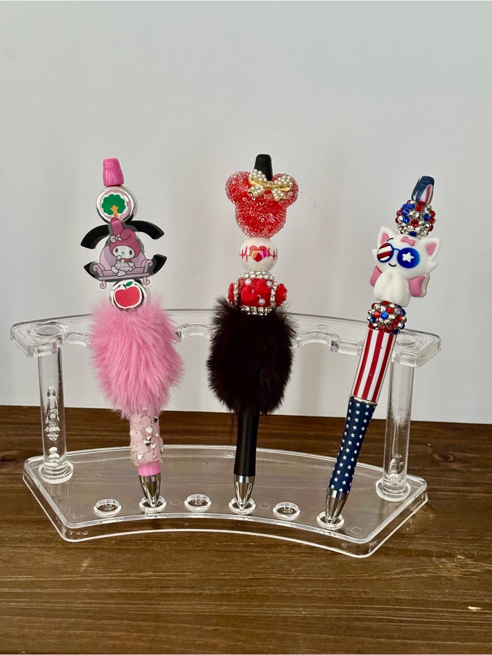 Trio of Decorative Fuzzy Top Pens - Pink, Black, Patriotic